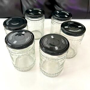 Lot of 6 Glass Jars +Black Metal Lid for Canning Crafts Storage